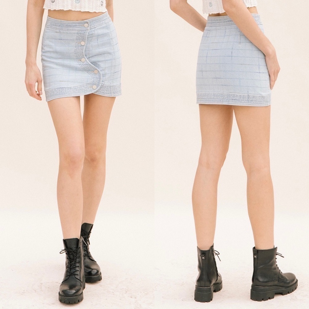NWT Storia 100% Cotton Denim Snap Front Mini Skirt Blue M Y2K Indie Sleaze